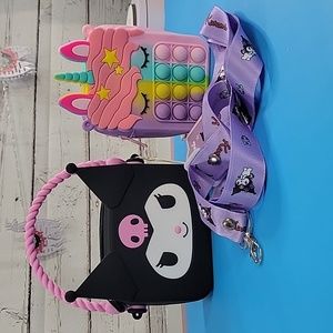 Two Silicone Purses with Shoulder Strap/Zipper! Kuromi and Pop It Unicorn Styles